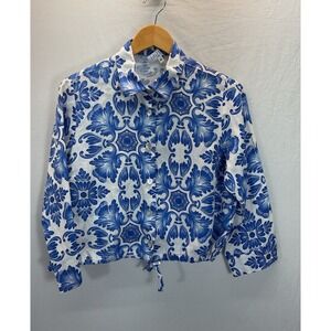 Idillio Positano womens blue floral linen L/S size MD Italy drawstring‎ waist